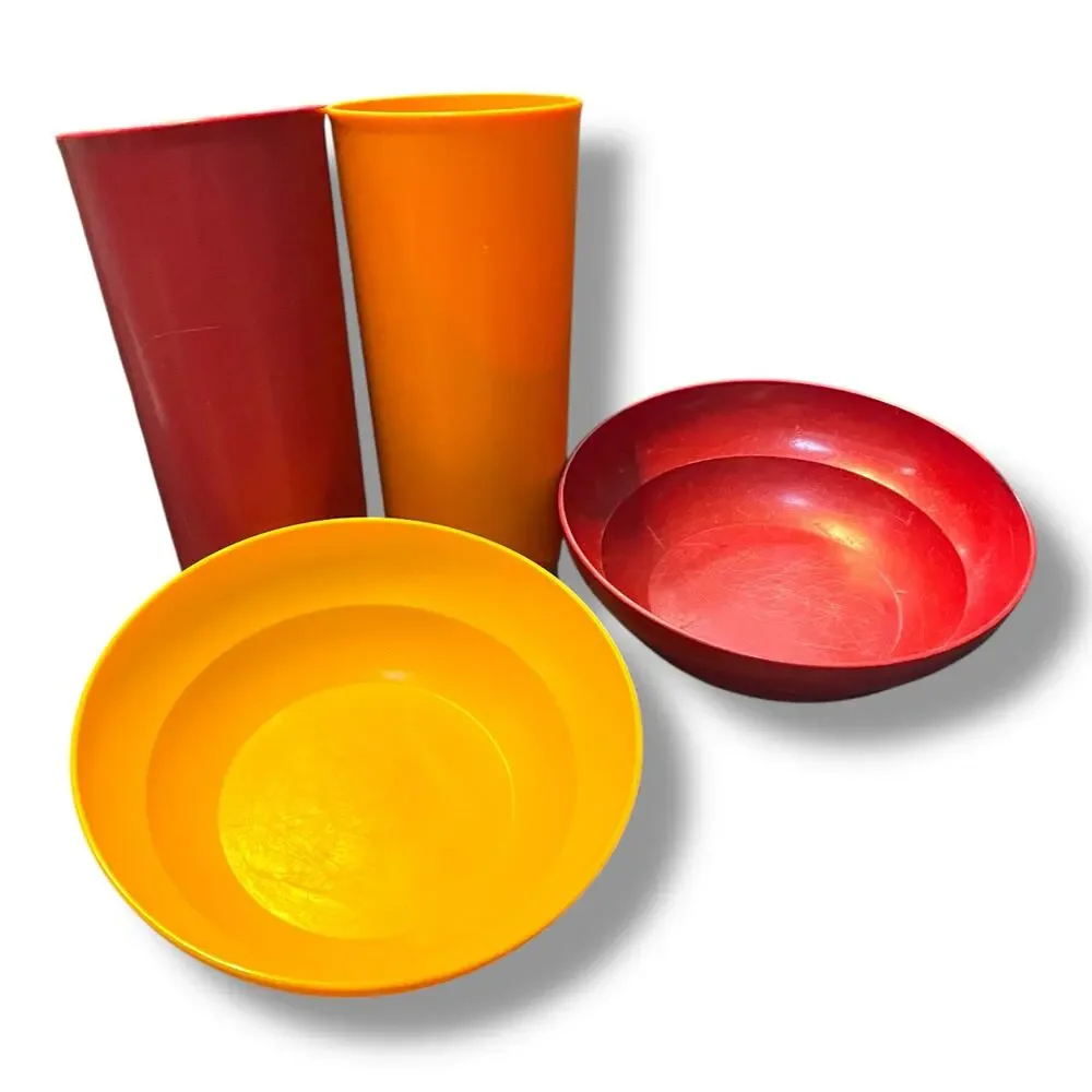 Tupperware Retro Amber Orange Bowls & Cups Set 1348 155 Kitchen Picnic Vintage
